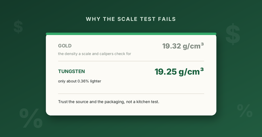 A card comparing the density of gold and tungsten